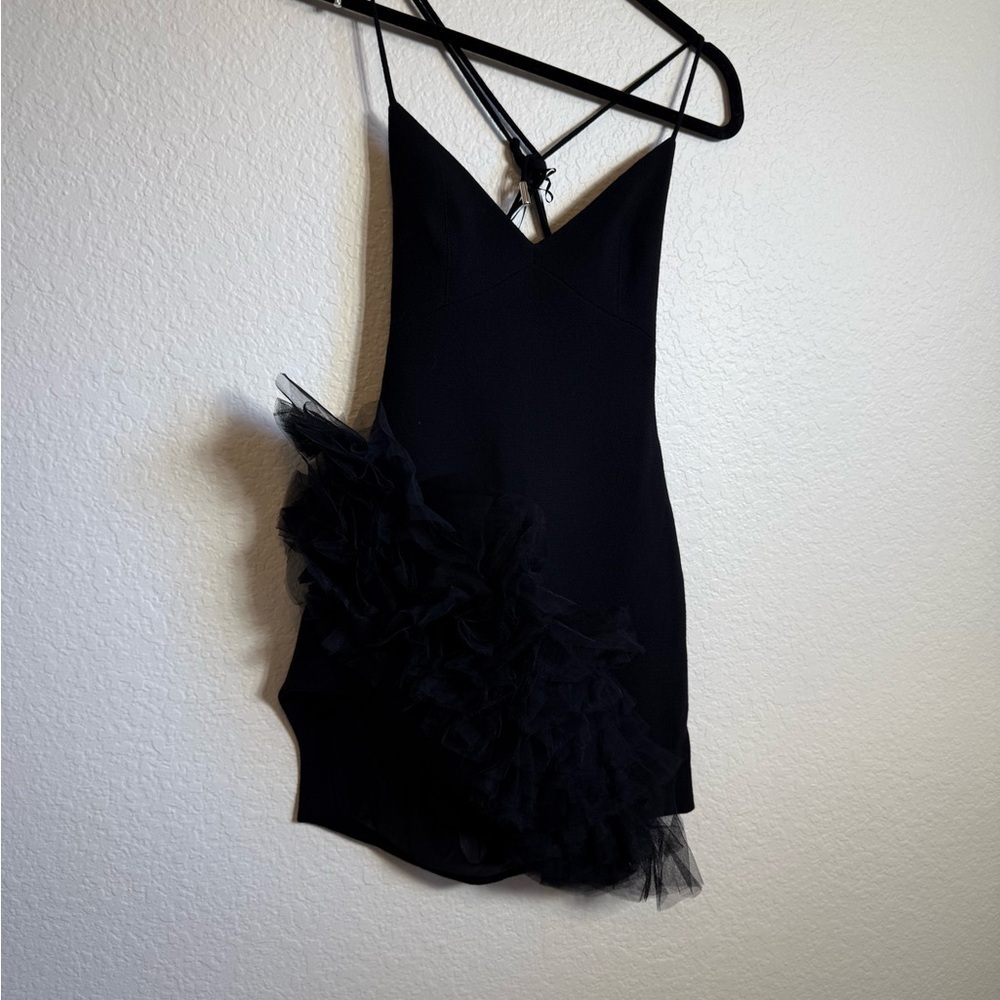 DAVID KOMA Black Tulle Ruffle Asymmetrical Hem Cami Mini Dress - Picture 6 of 10